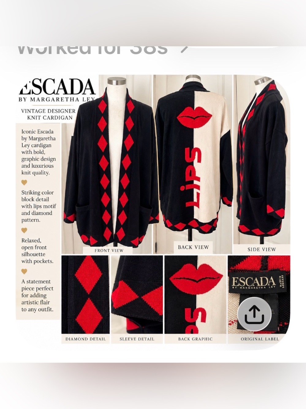 Escada Black and Red Open-Front Graphic Knit Cardigan